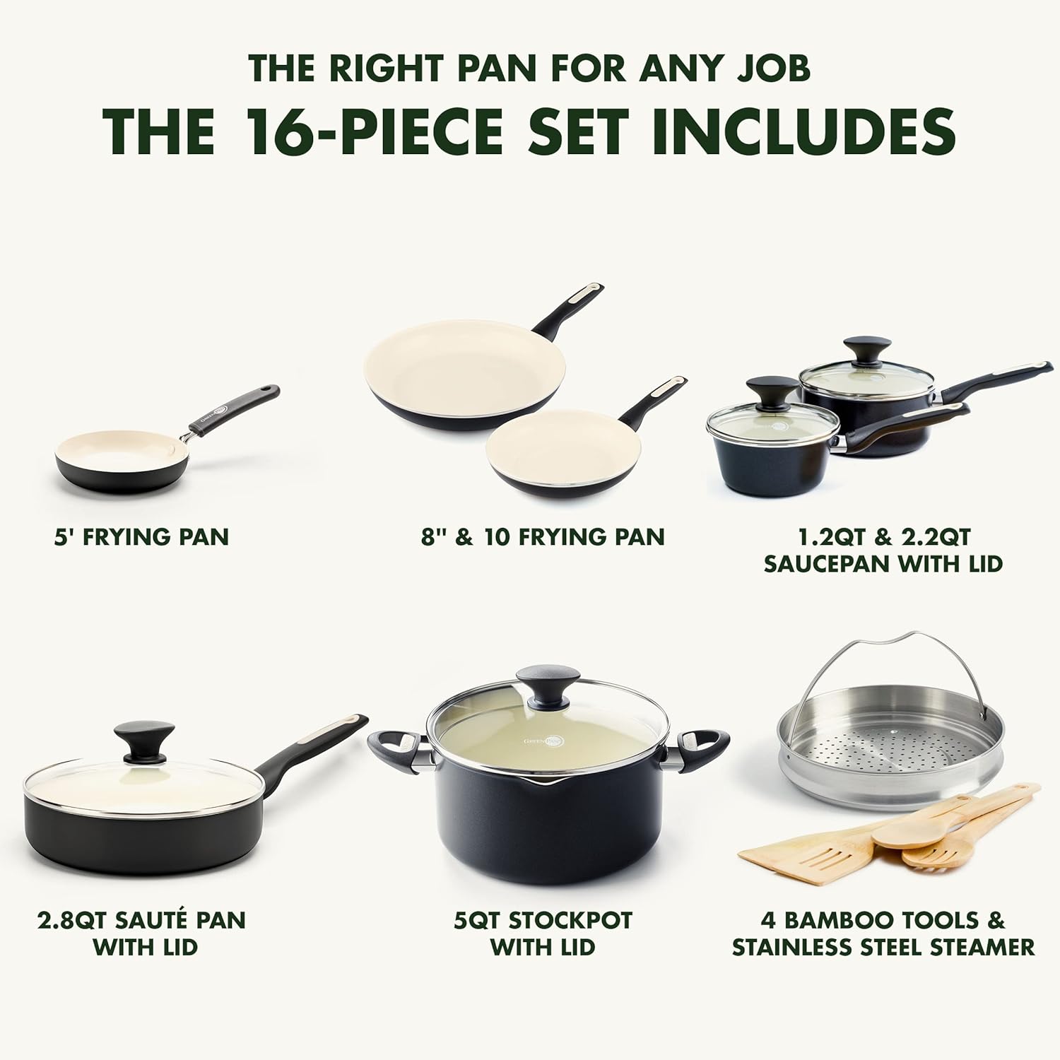 GreenPan Rio Healthy Ceramic Nonstick 16 Piece Cookware Pots and Pans Set, PFAS-Free, Dishwasher Safe, Black