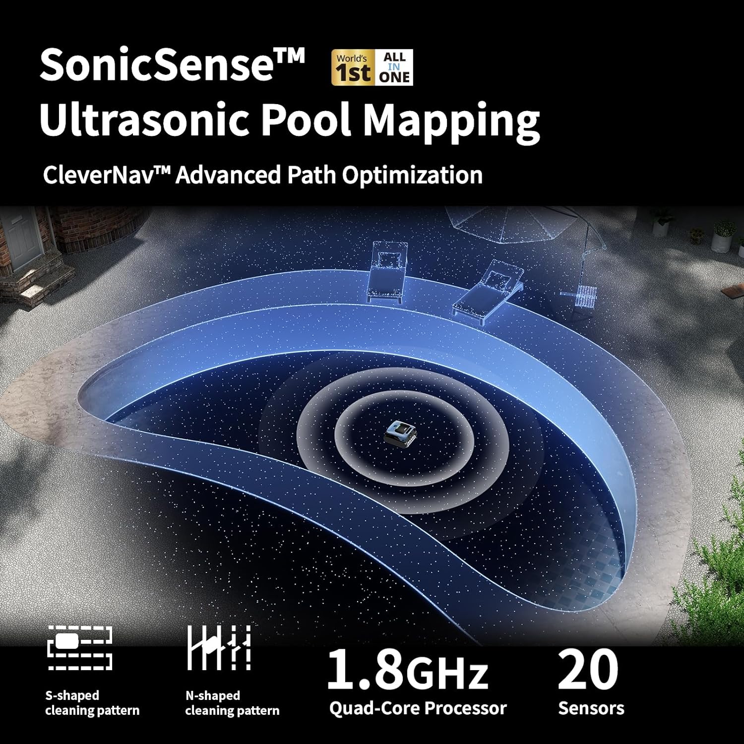 AquaSense Pro Cordless Robotic Pool Vacuum Cleaner with Hook- Clarifies Water, Skims Water Surface, 5-in-1 Comprehensive Cleaning, Surface Parking, Intelligent Path Optimization - Navy Blue