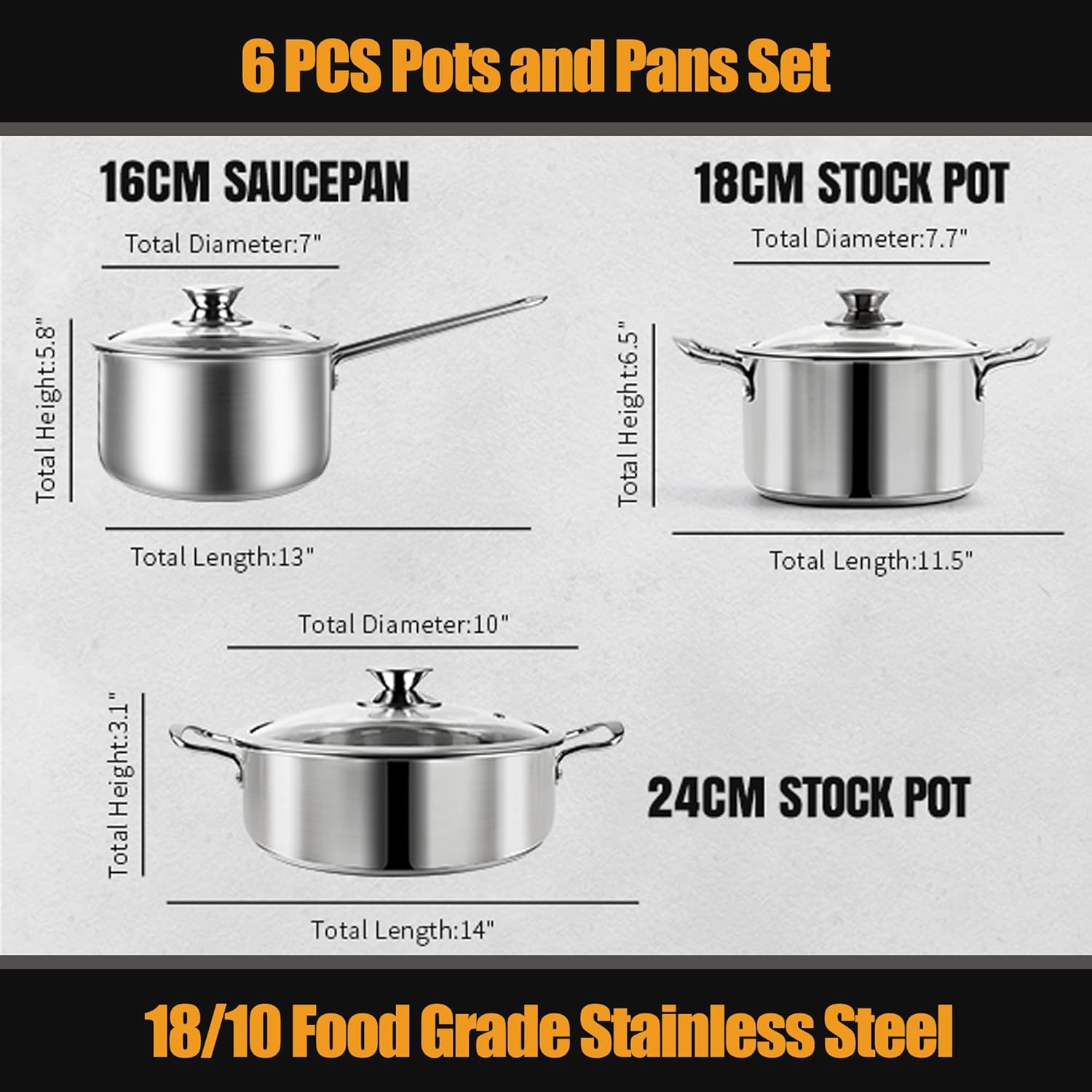 Stainless Steel pots and pans set, 6 Piece Nonstick Kitchen Induction Cookware Set,Works with Induction/Electric and Gas Cooktops, Nonstick, Dishwasher