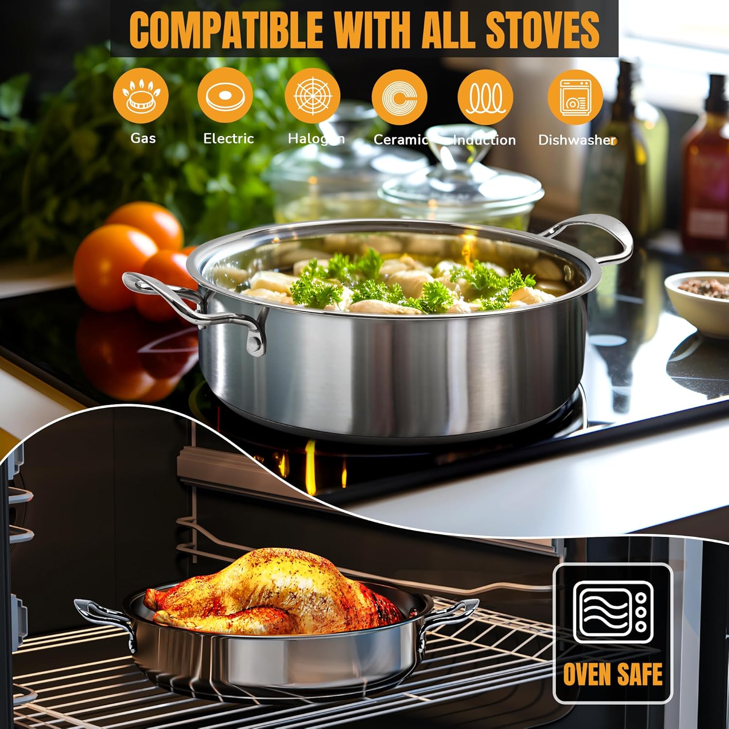 Stainless Steel pots and pans set, 6 Piece Nonstick Kitchen Induction Cookware Set,Works with Induction/Electric and Gas Cooktops, Nonstick, Dishwasher