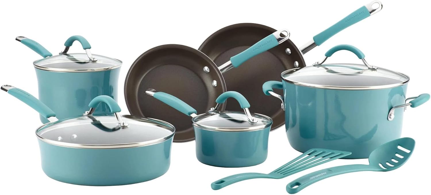 Rachael Ray Cucina Nonstick Cookware Pots and Pans Set, 12 Piece, Agave Blue