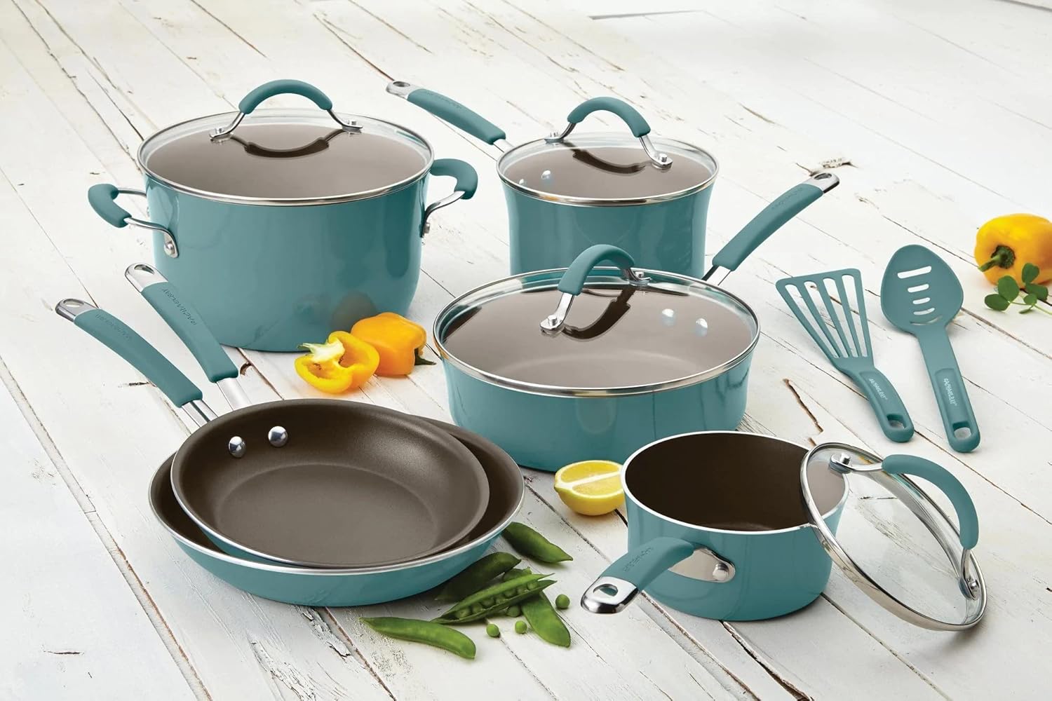 Rachael Ray Cucina Nonstick Cookware Pots and Pans Set, 12 Piece, Agave Blue