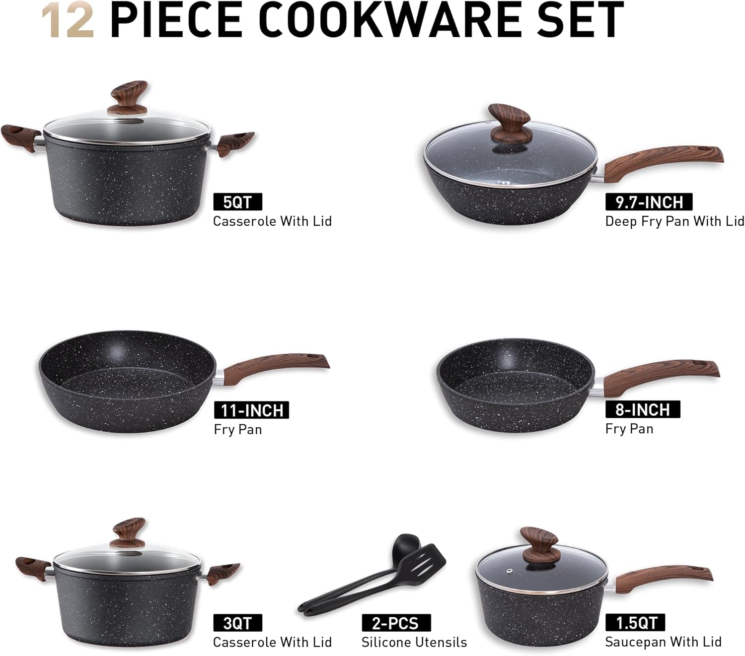 MAISON ARTS Clearance on Kitchen Cookware Sets Nonstick, 12 Piece Pots and Pans Set Granite Cooking Set for Induction & Dishwasher Safe, Oven, Stovetop, Black