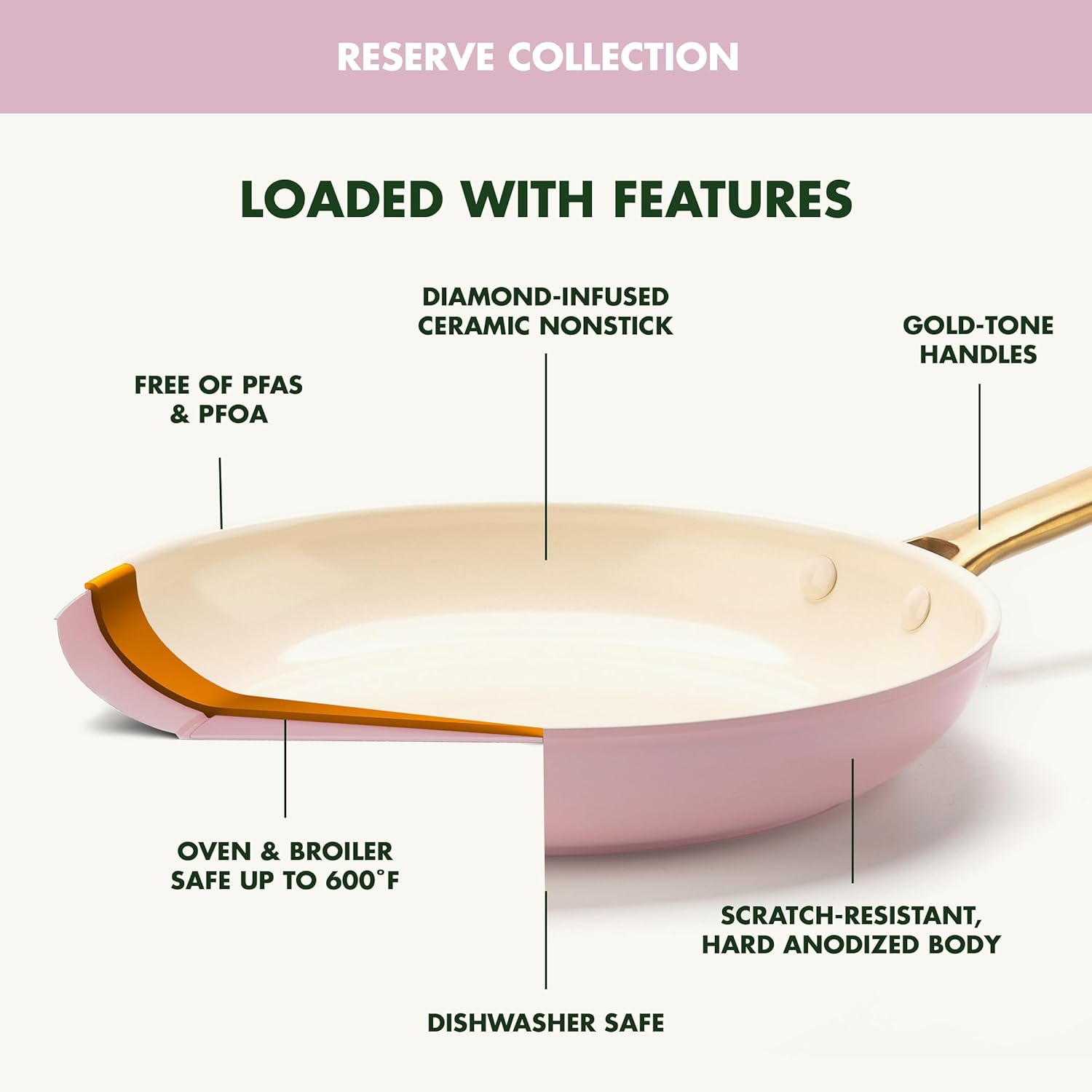 GreenPan Reserve Hard Anodized Healthy Ceramic Nonstick 10 Piece Cookware Pots and Pans Set, Gold Handle, PFAS-Free, Dishwasher Safe, Oven Safe, Blush Pink