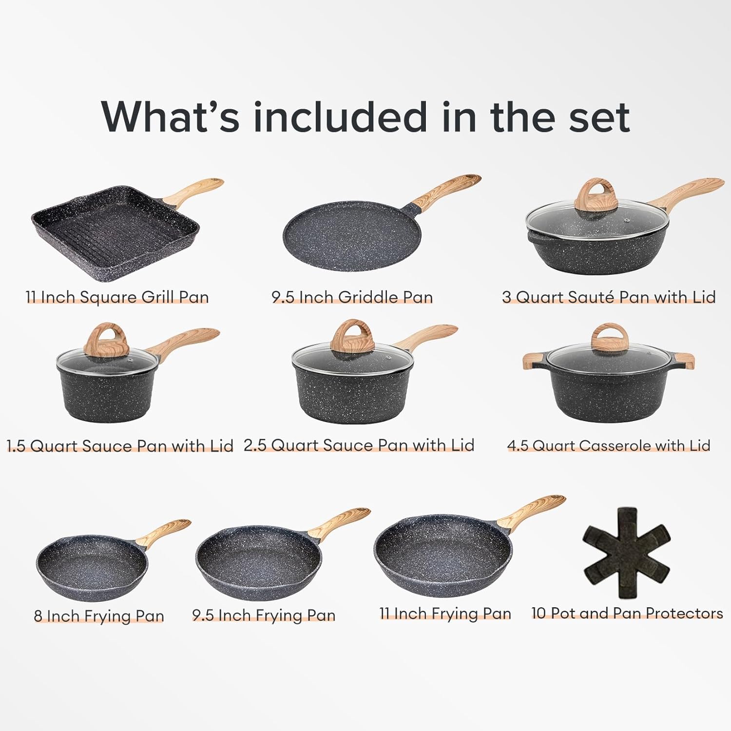 JEETEE Pots and Pans Set Nonstick 23pcs, Healthy Kitchen Cookware Sets, Induction Cooking Set W/Gray Granite Stone Frying Pans, Saucepans, Sauté Pan, Griddle Pan & Crepe Pan (PFOA Free)