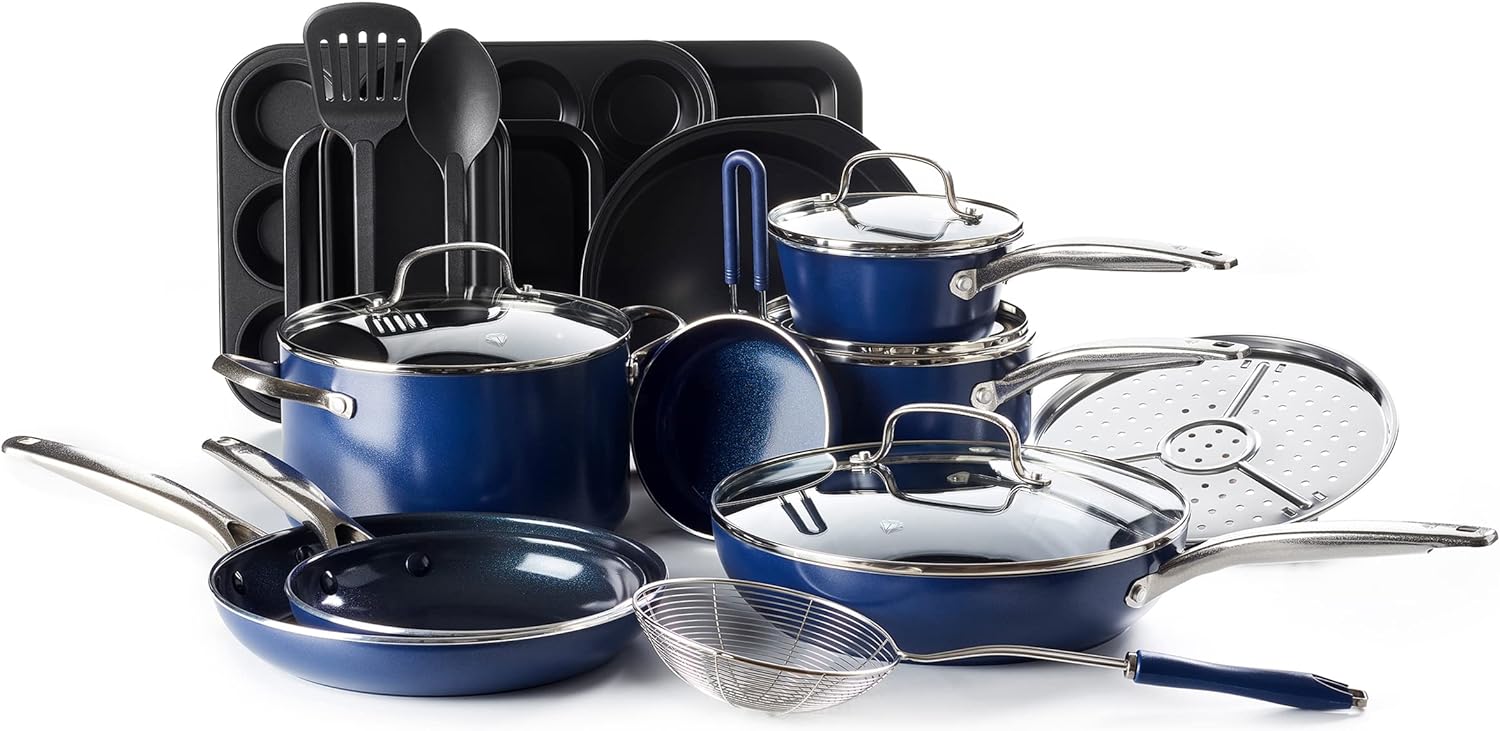 Blue Diamond Cookware Diamond Infused Ceramic Nonstick 20 Piece Cookware Bakeware Pots and Pans Set, PFAS-Free, Dishwasher Safe, Oven Safe, Blue