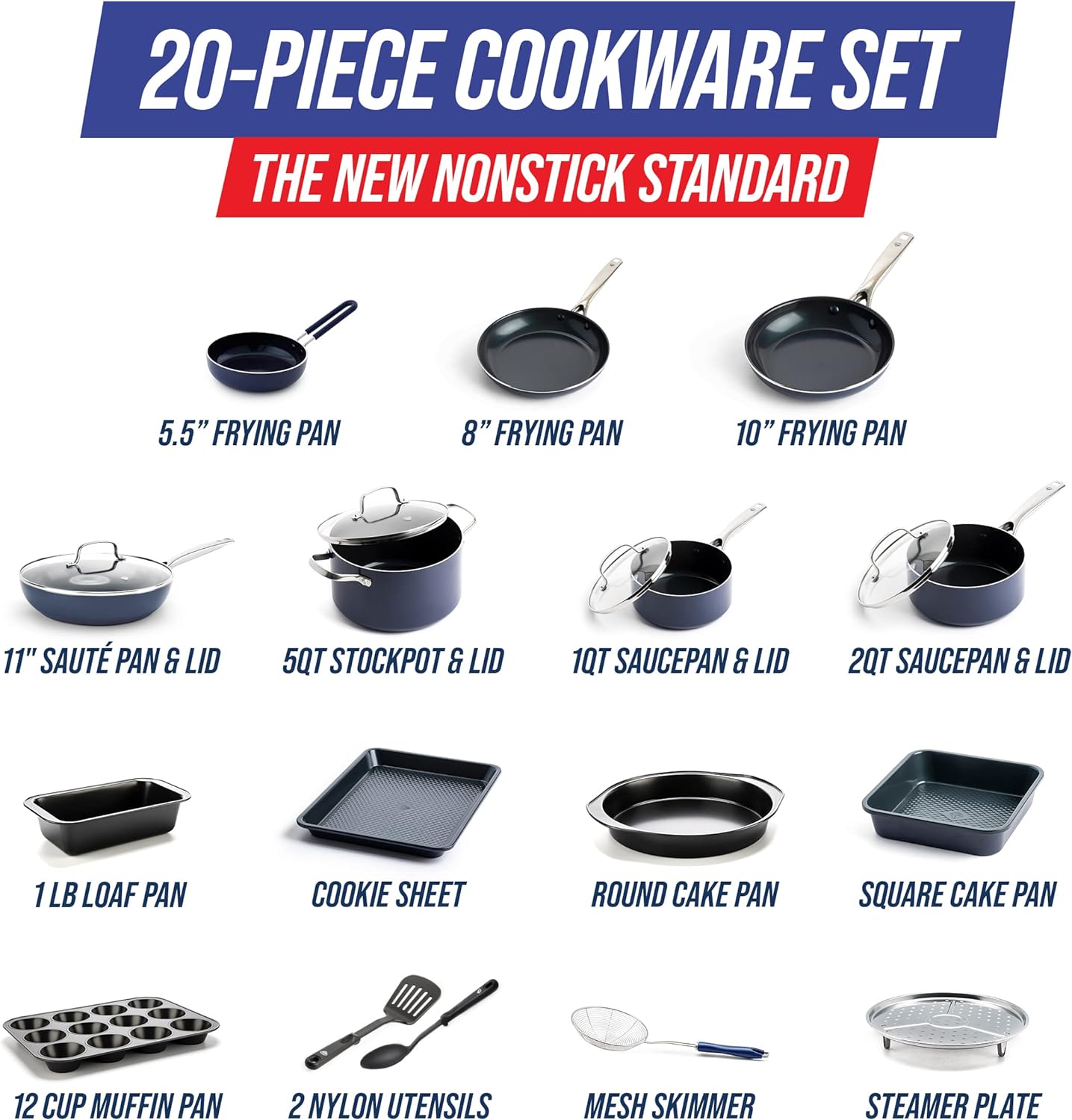 Blue Diamond Cookware Diamond Infused Ceramic Nonstick 20 Piece Cookware Bakeware Pots and Pans Set, PFAS-Free, Dishwasher Safe, Oven Safe, Blue