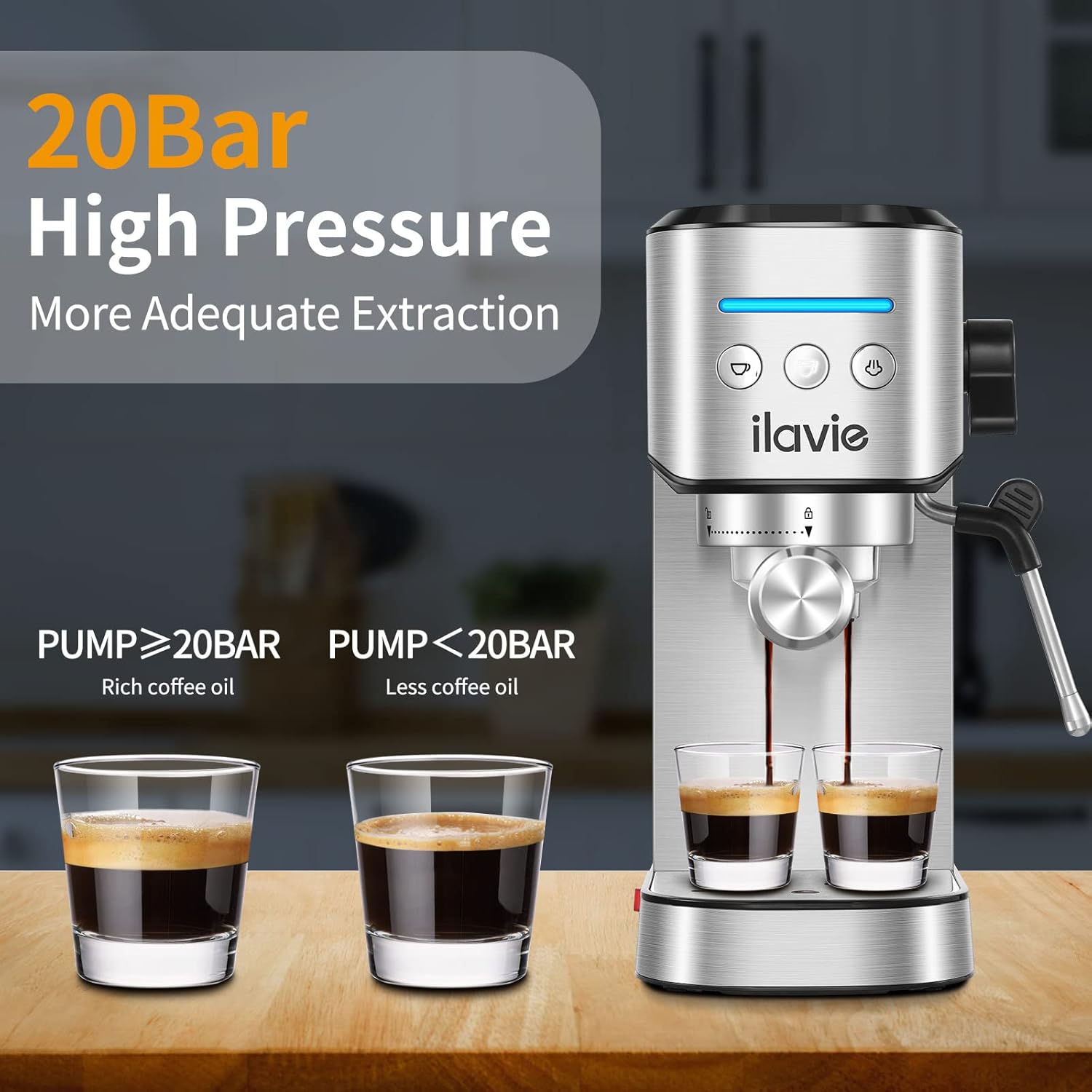 Espresso Machine With Steamer, 20Bar Espresso Coffee Machine with 1000ML Removable Water Tank for Cappuccino, Latte, Great Espresso Maker for Dad and Mom, Stainless Steel