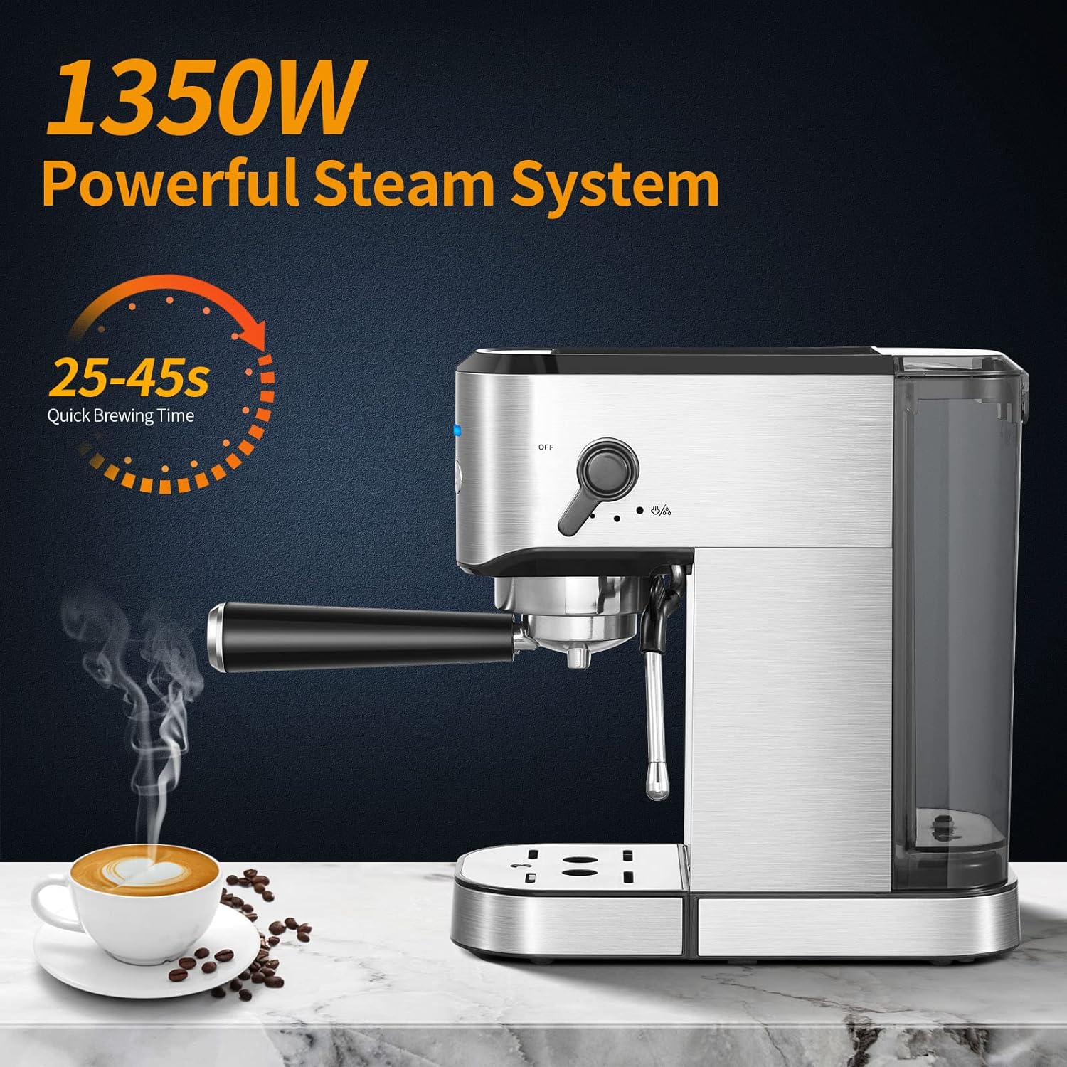 Espresso Machine With Steamer, 20Bar Espresso Coffee Machine with 1000ML Removable Water Tank for Cappuccino, Latte, Great Espresso Maker for Dad and Mom, Stainless Steel