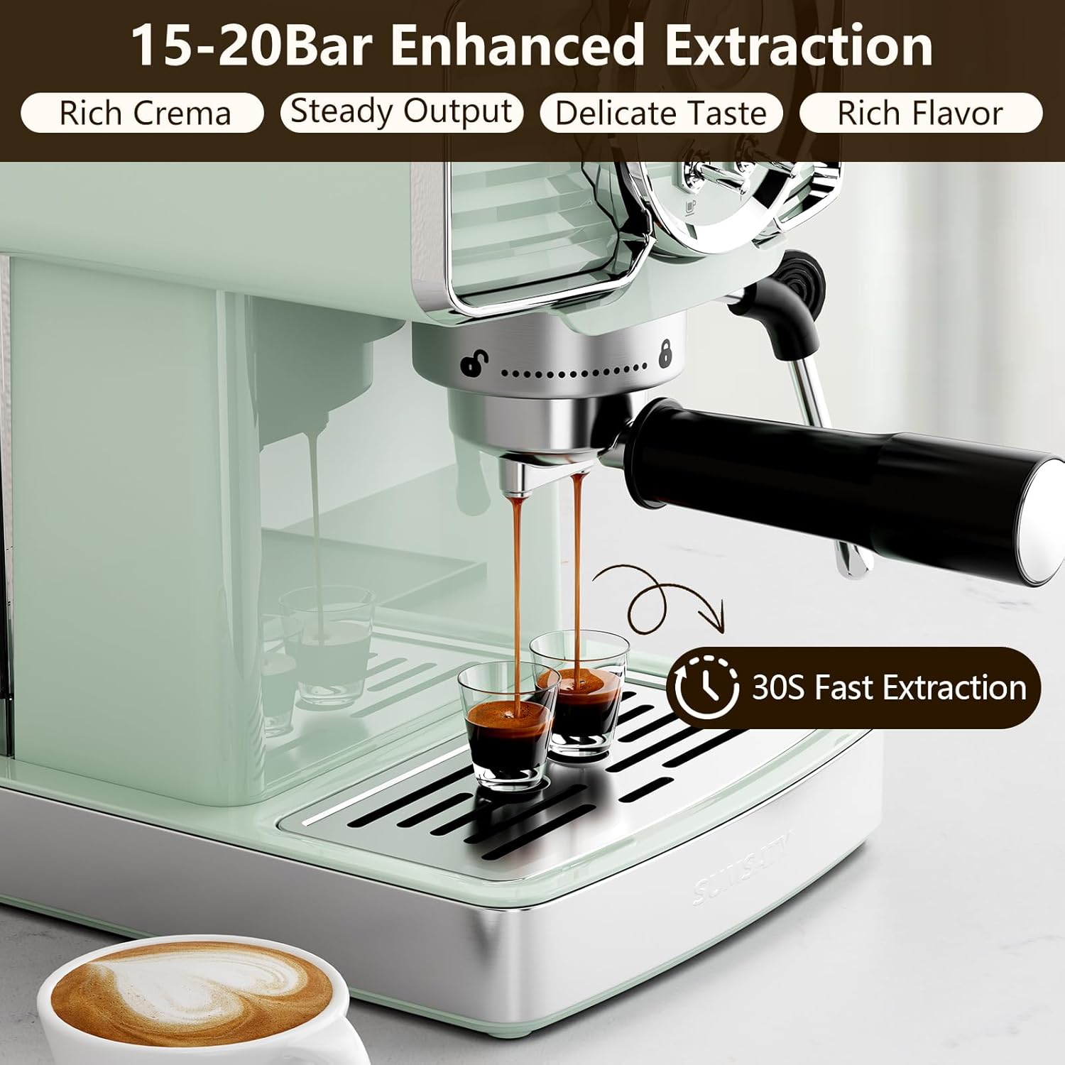 Espresso Coffee Machine 20 Bar, Retro Espresso Maker with Milk Frother Steamer Wand for Cappuccino, Latte, Macchiato, 1.8L Removable Water Tank, ETL Listed, Coffee Spoon, Mint Green