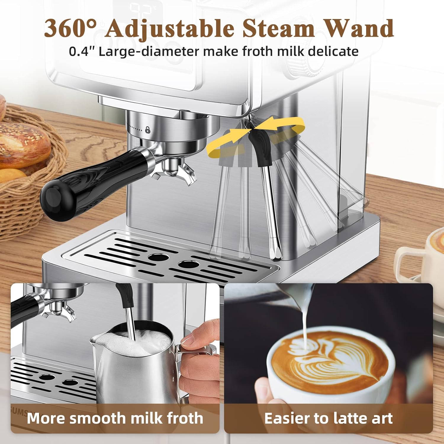 Espresso Machine, Stainless Steel Espresso Machine with Milk Frother for Latte, Cappuccino, Machiato,for Home Espresso Maker, 1.8L Water Tank, 20 Bar